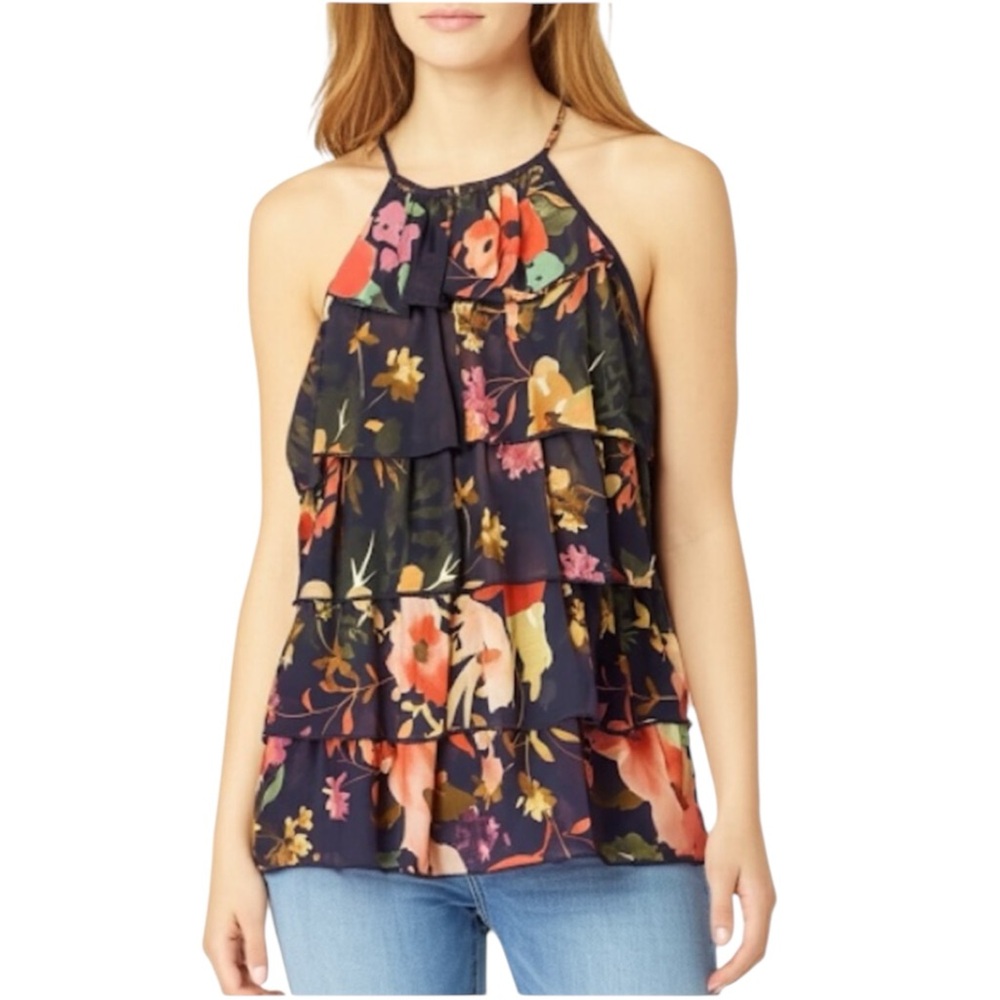 Finn & Grace Floral Halter Neck Tiered Ruffle Sleeveless Top Size Medium